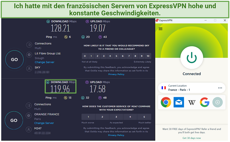 Screenshots of speed tests while connected to some of ExpressVPN's French servers