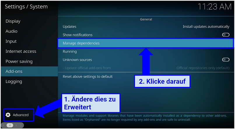 Image showing Advanced settings on Kodi