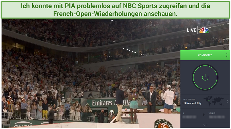 An image of PIA unblocking the French Open using a New York server to access NBC sport