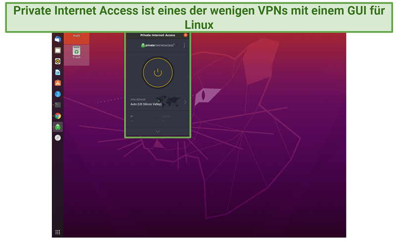 Screenshot of Private Internet Access app's GUI on Linux