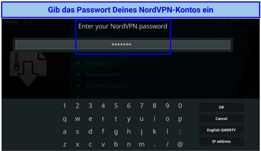 Screenshot of NordVPN add-on password authentication page