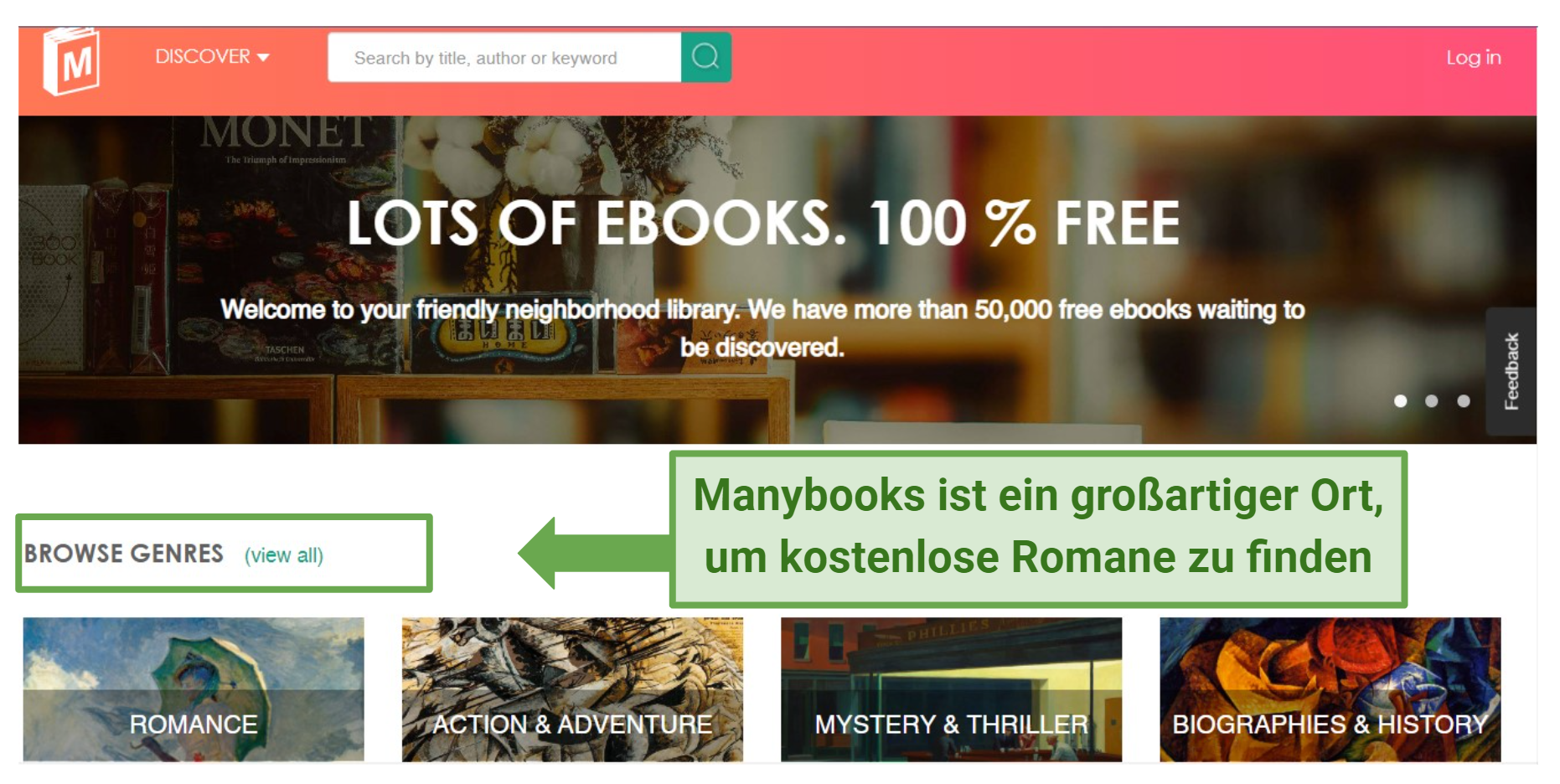 A screenshot of Manybooks ebook homepage