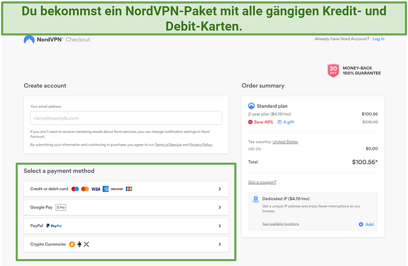 Screenshot of NordVPN's subscription plan page