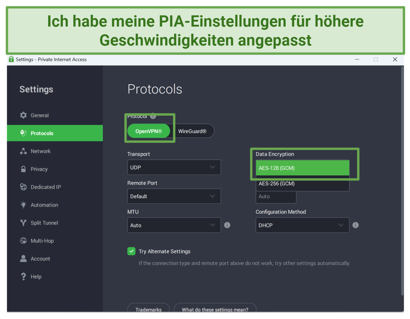 A screenshot showing PIAs customizable security protocols