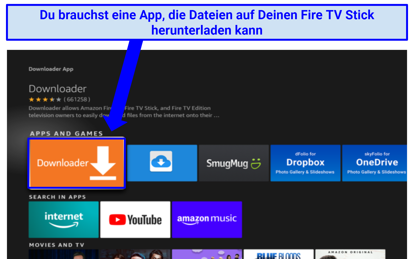Screenshot showing how to install Downloader on Fire Stick TV via the app store