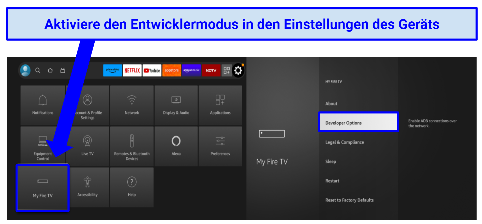 Screenshot showing how to enable developer mode on Fire Stick TV