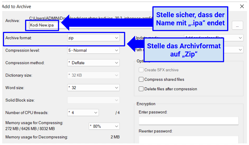 A screenshot showing how to designate a filename for the IPA in 7-Zip and the archive format to select before transitioning from a Kodi DEB file to an IPA file