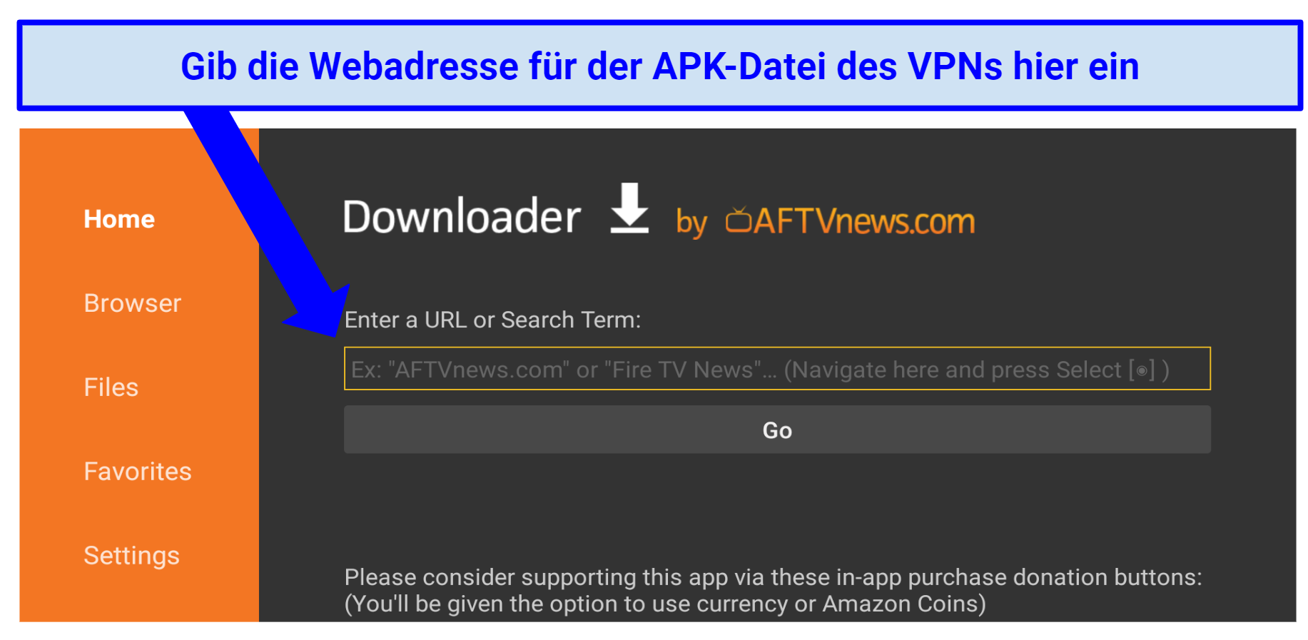 Screenshot showing how to use Downloader app to get ExpressVPN on Fire Stick TV.