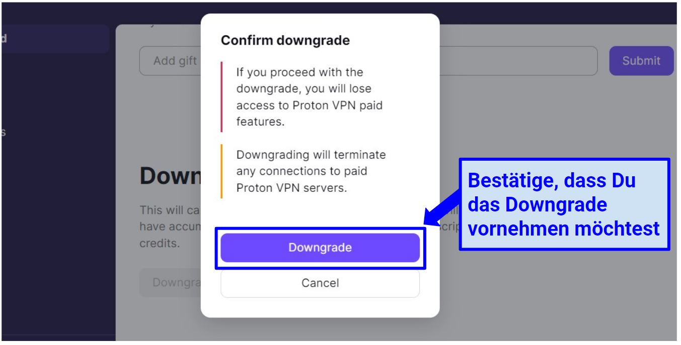 A screenshot of the Proton VPN downgrade confirmation message