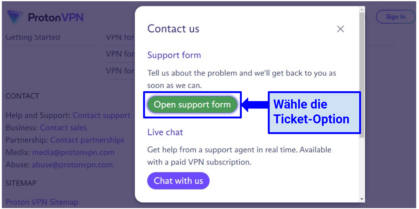 A screenshot of Proton VPN support ticket prompt