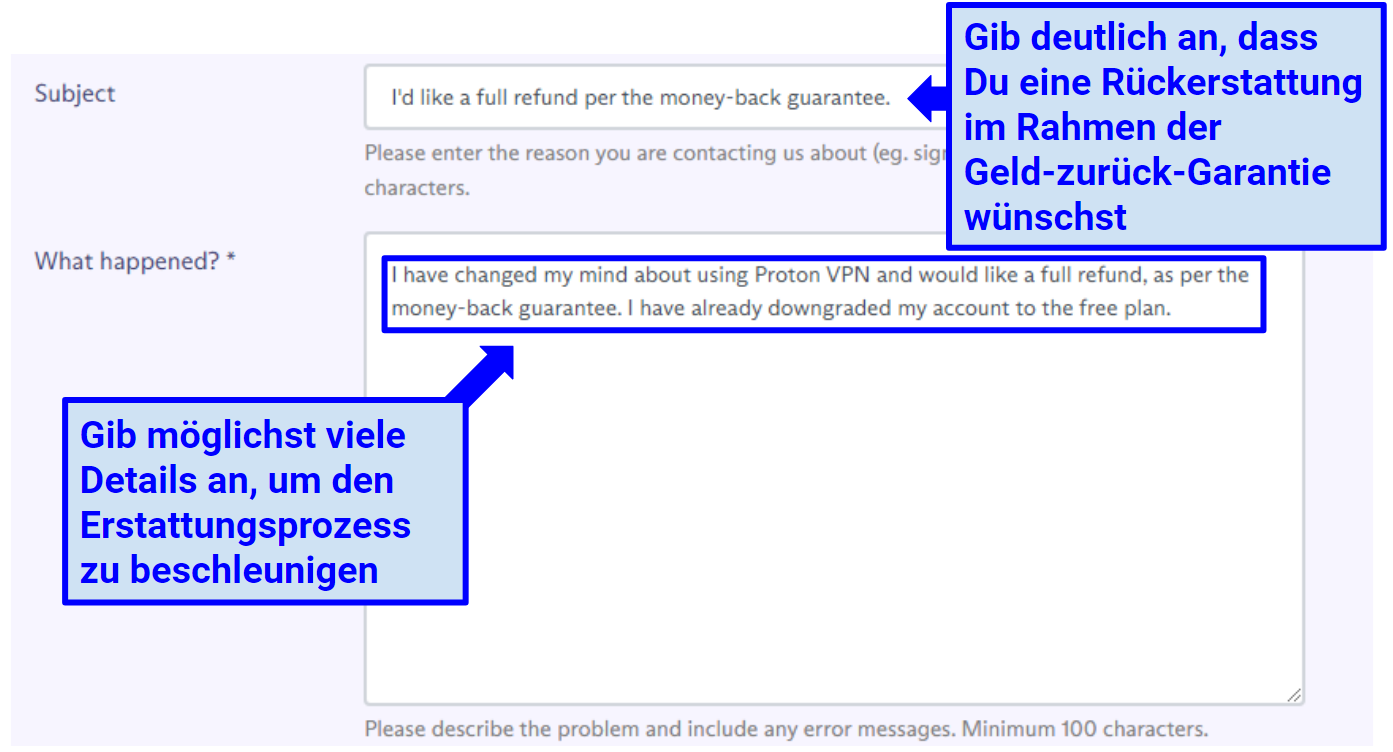 A screenshot of Proton VPN refund request message