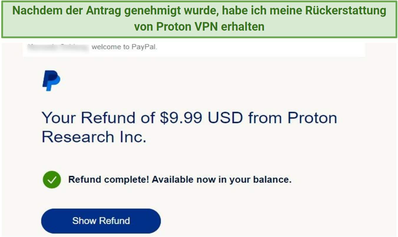 A screenshot of Proton VPN PayPal refund