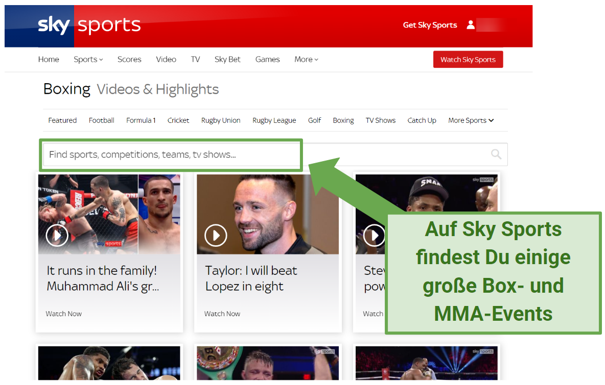 Screenshot of Sky Sports website showing boxing & MMA live fights