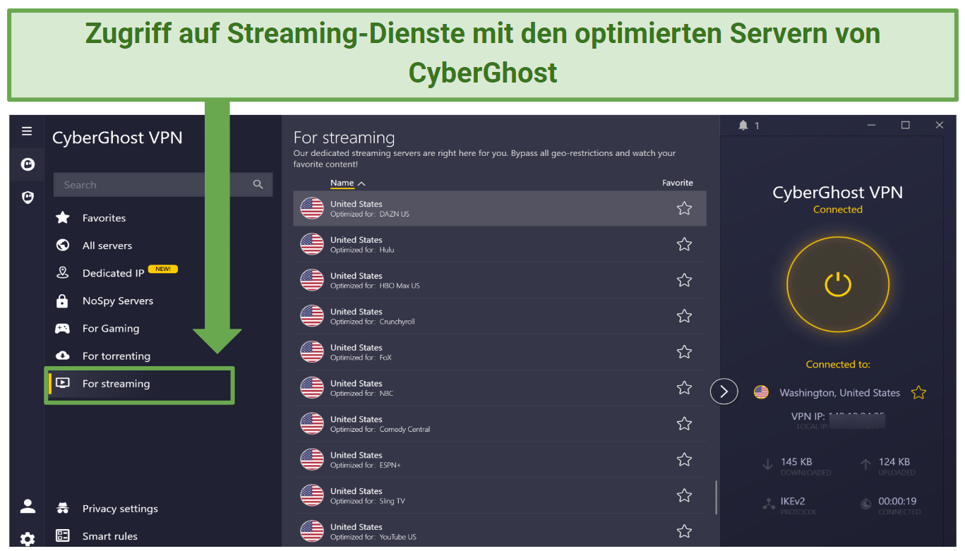 Screenshot of CyberGhost streaming-optimized servers to watch boxing matches