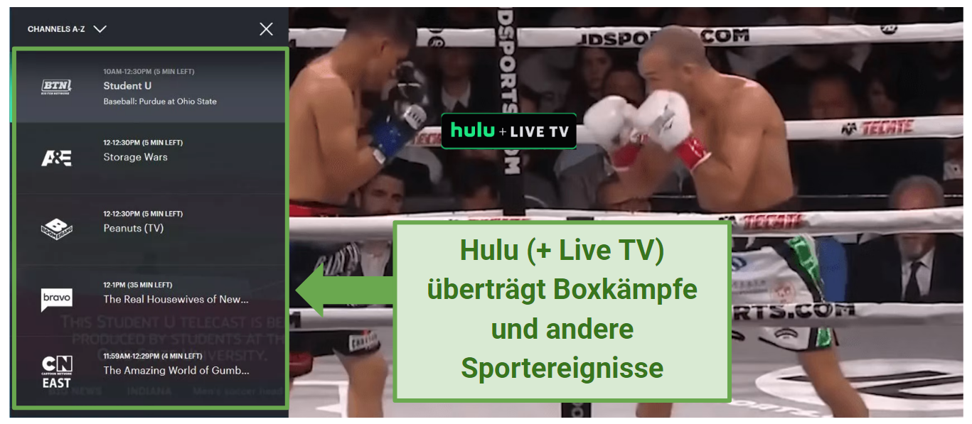 Screenshot of a live boxing match on Hulu + Live TV