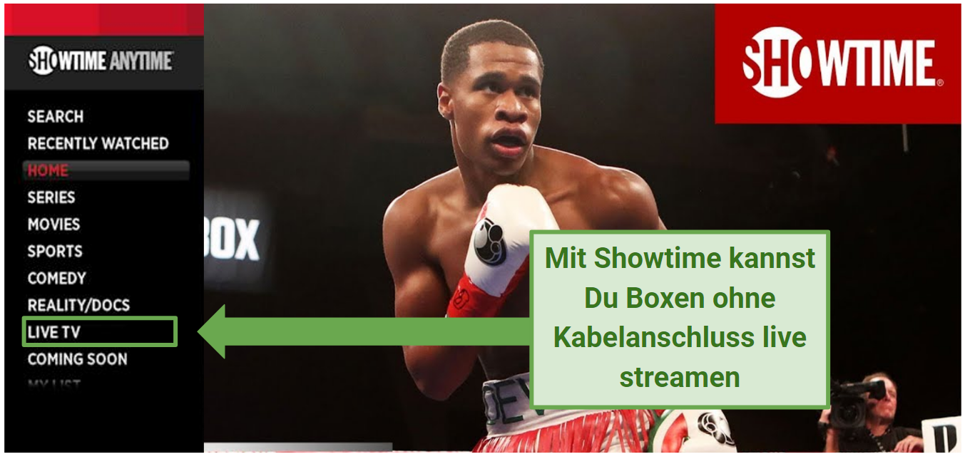 Screenshot of Showtime interface for watching boxing live