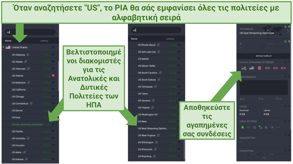 Screenshots of PIA's PC app displaying its US servers