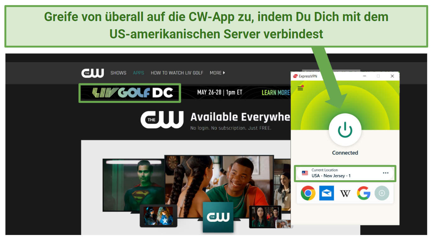 Screenshot of The CW App accessed via the US VPN server