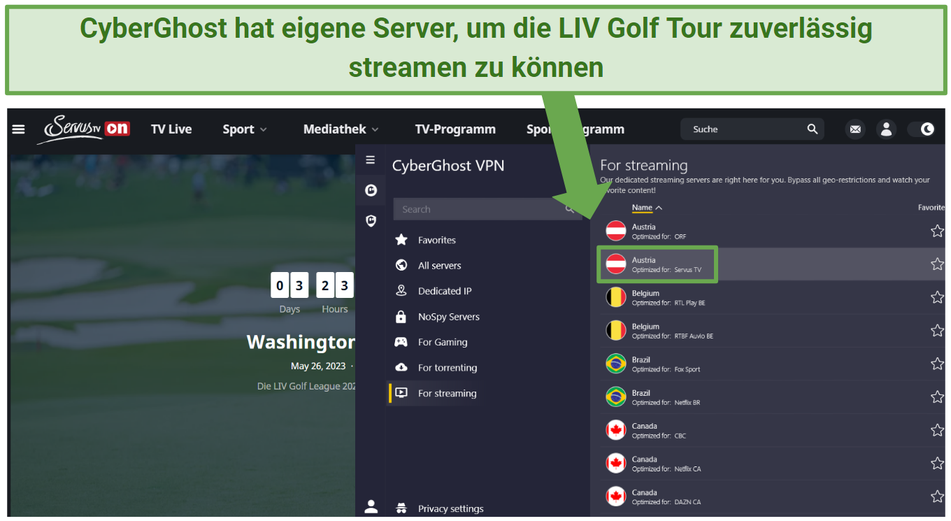 Picture of CyberGhost streaming servers used to watch LIV Golf on Servus TV