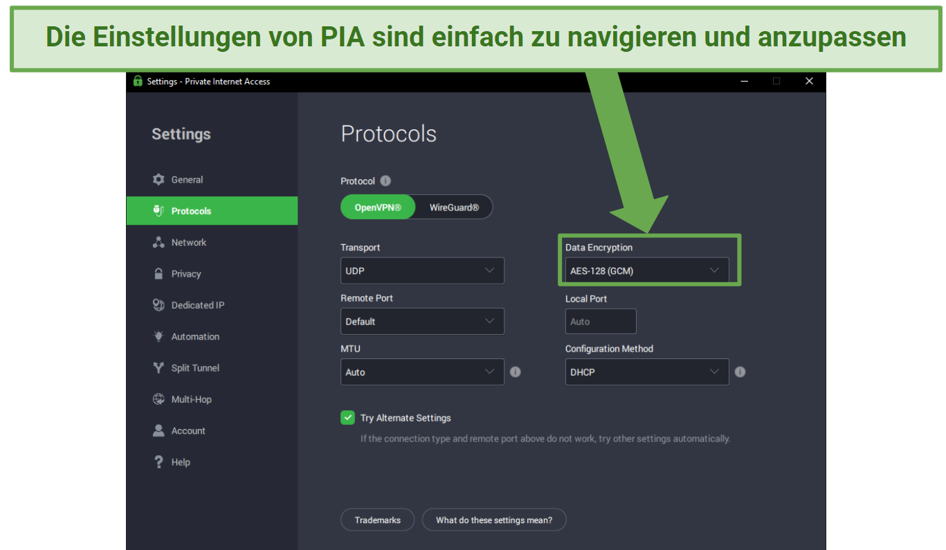 Screenshot of PIA's settings menu