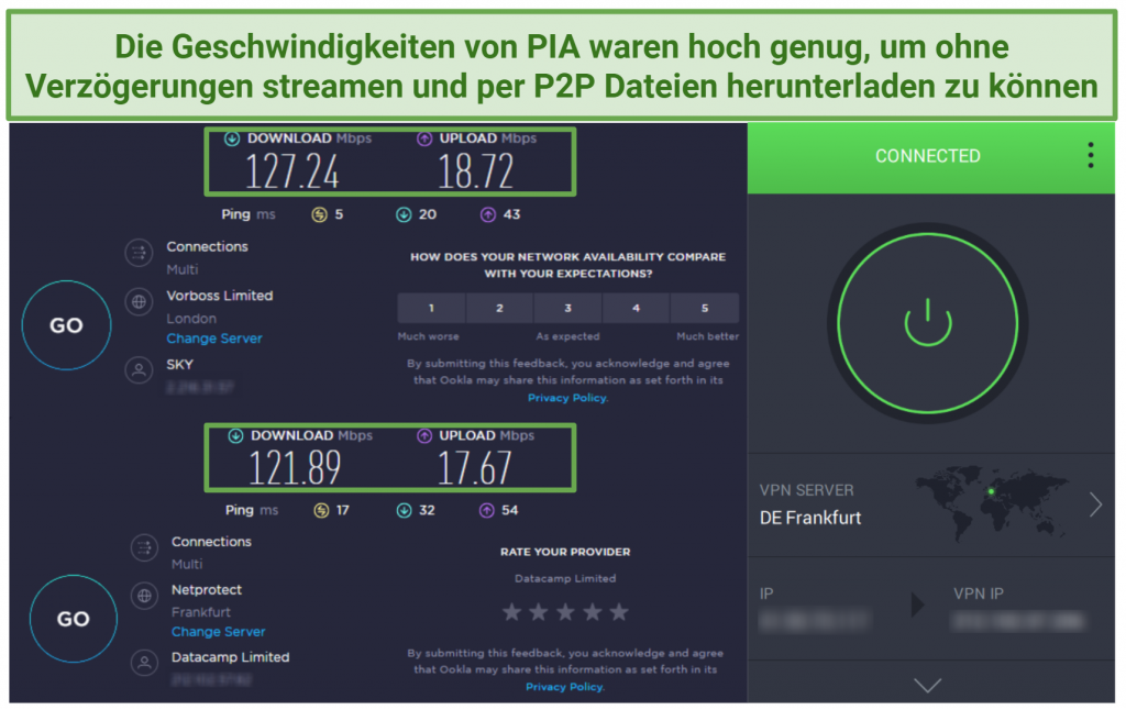 PIA speed test connected to a server in Germany