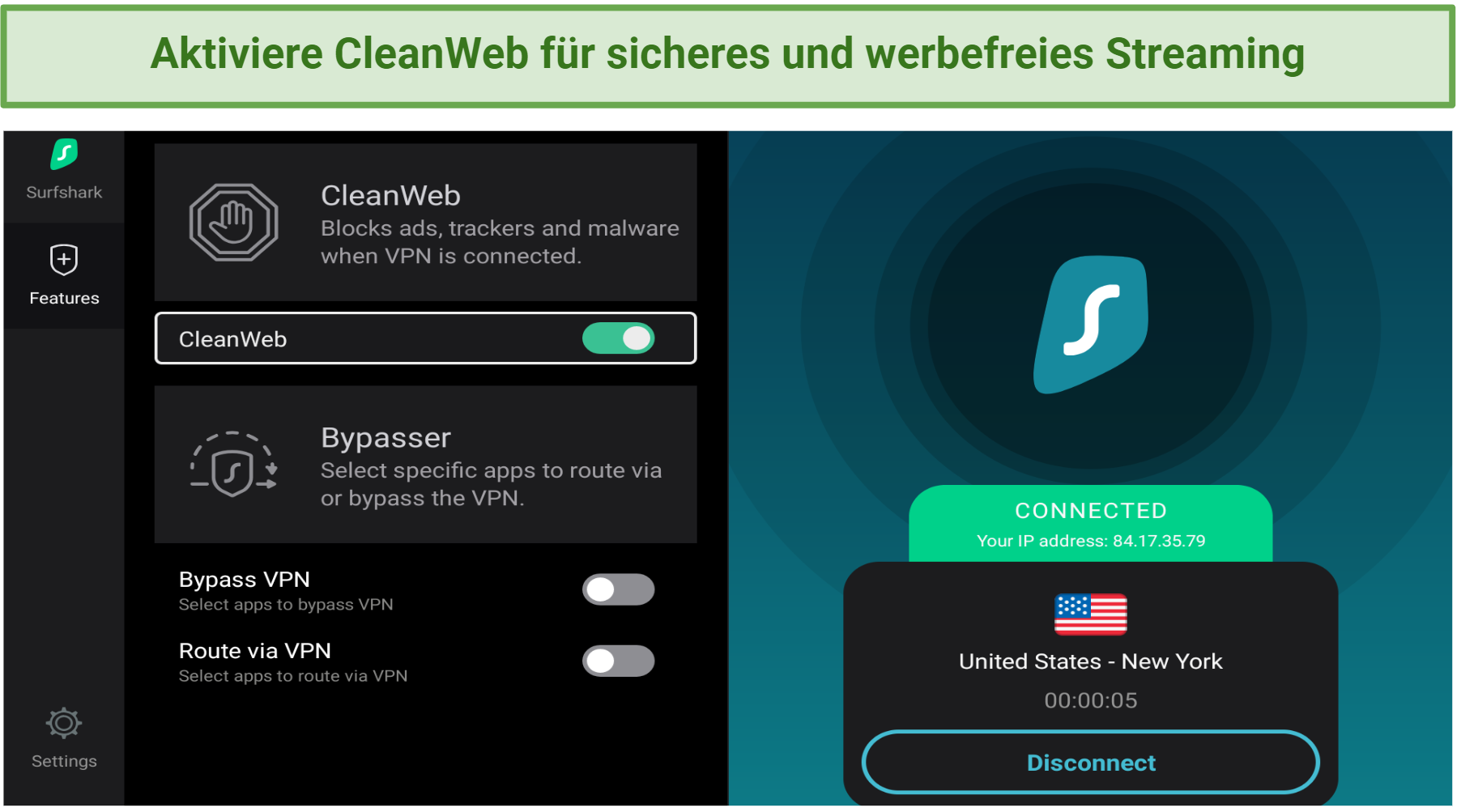 Screenshot of Surfshark's security features of Fire OS