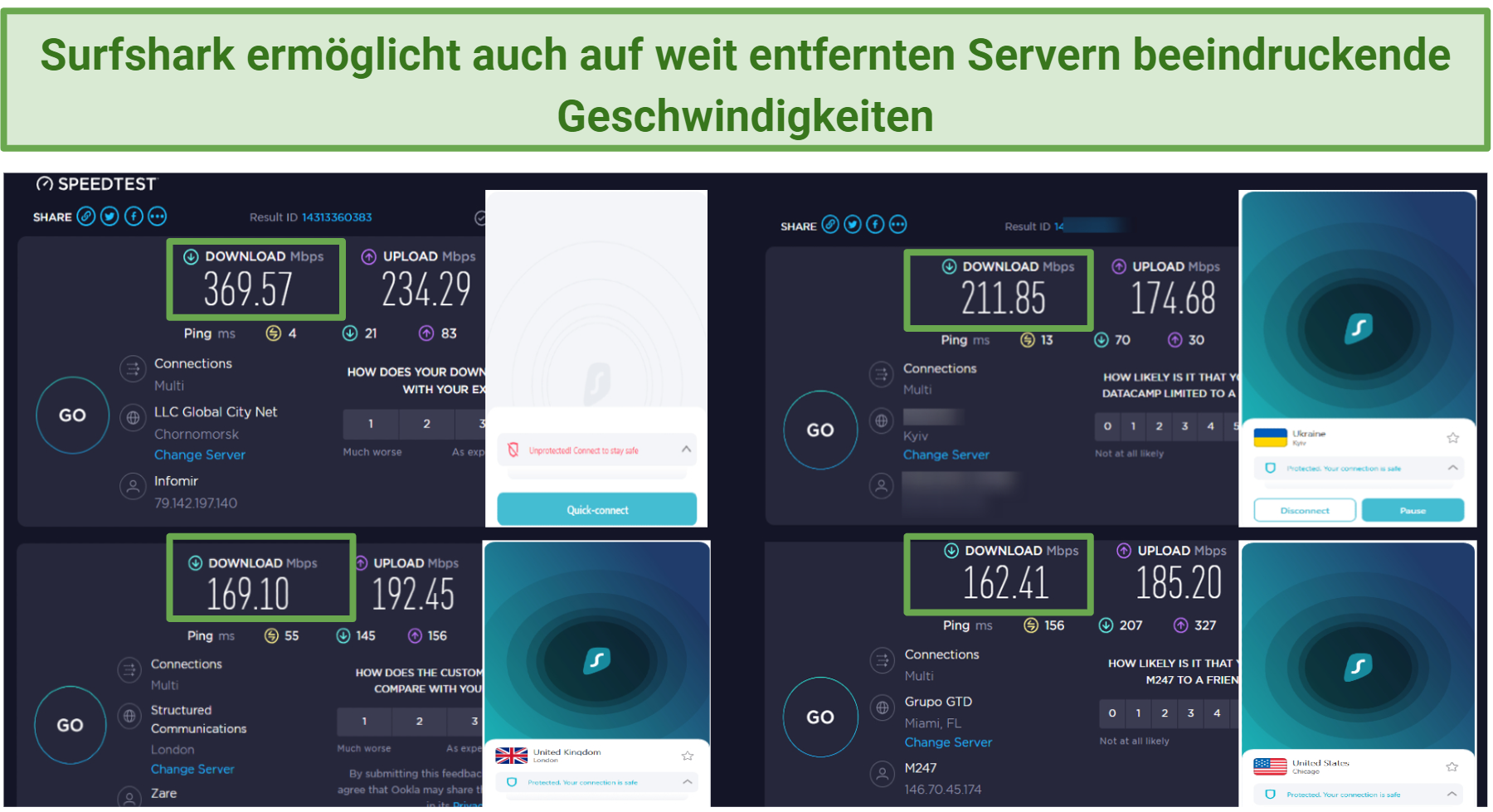 Images of 3 Speedtest results with Surfshark compared to connection on the regular internet