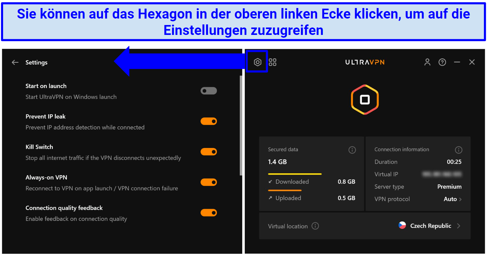 Screenshot of UltraVPN's Windows UI highlighting how to access the settings menu