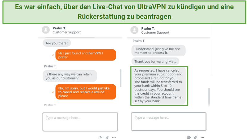 Screenshot of a live chat conversation with UltraVPN support where they approved my cancellation and refund