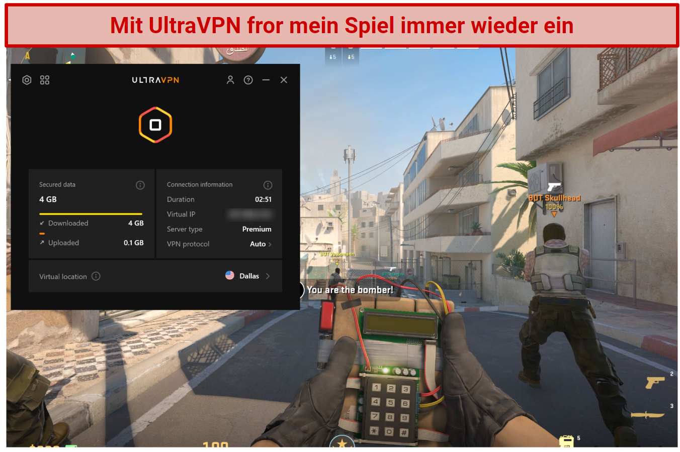 Screenshot of Stream running Counter-Strike 2 while connected to UltraVPN's Dallas server