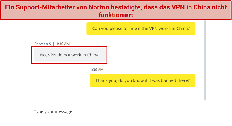 Screenshot of a live chat conversation with Norton support where they confirmed it doesn't work in China