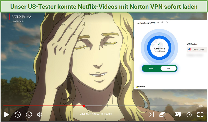 Screenshot of Netflix player streaming Vinland Saga while connected to Norton VPN's US server