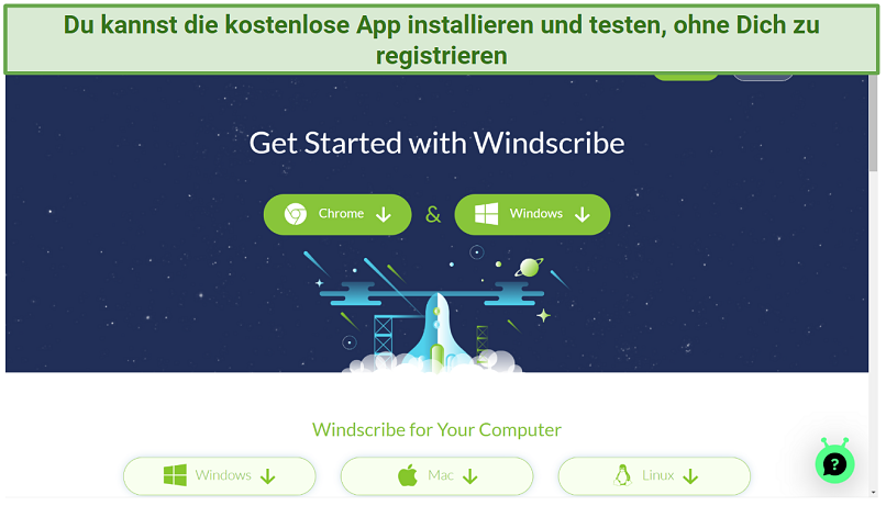 Screenshot of Windscribe's download page from its website highlighting installation files for Windows, Mac, Linux, and Chrome
