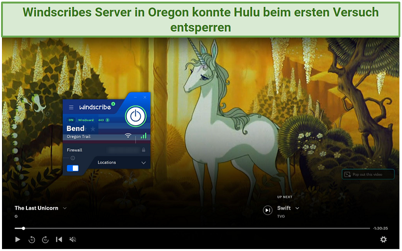 Screenshot of Hulu player streaming The Last Unicorn while connected to Windscribe's Bend Oregon Trail server
