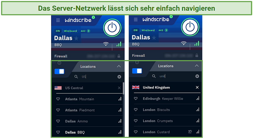 Screenshot of Windscribe's Windows app highlighting the server network and its search function