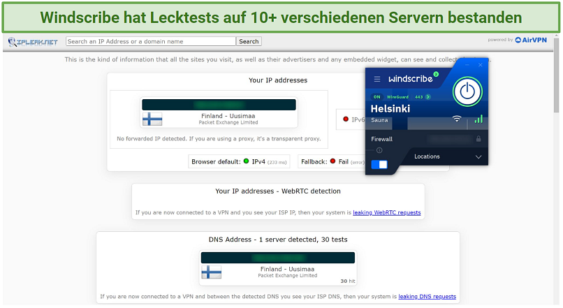 Screenshot of leak test done on ipleak.net while connected to Windscribe's Helsinki Sauna server