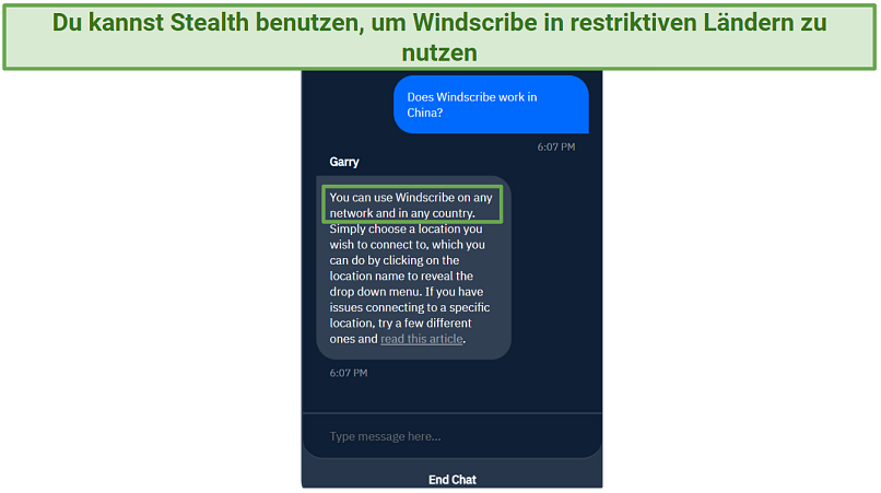 Screenshot of a conversation with Windscribe support that confirmed it works in China