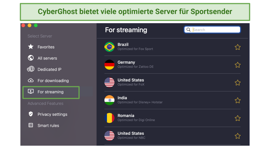 Screenshot of CyberGhost streaming-optimized servers