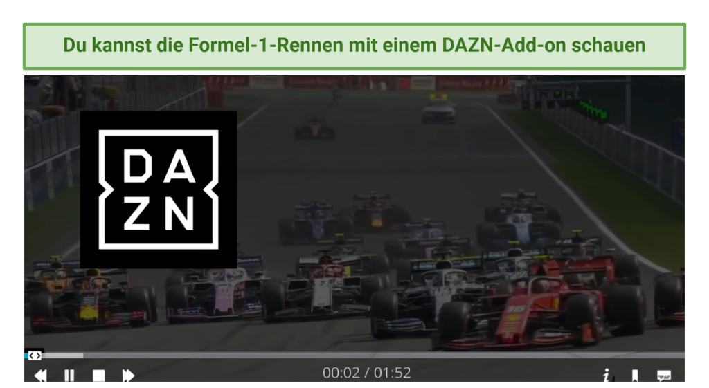 Screenshot of DAZN Kodi addon streaming a racing event
