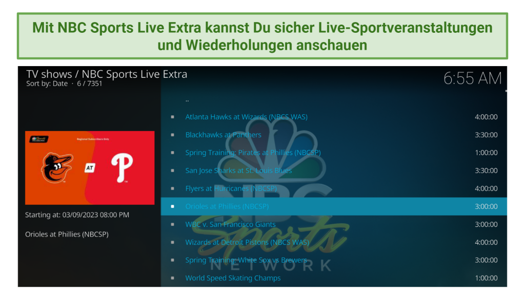 Screenshot of NBC Sports Live Extra Kodi sports addon