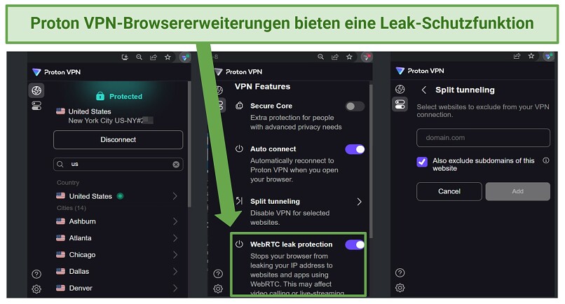 Screenshot of the ProtonVPN Chrome browser extension with leak protection enabled