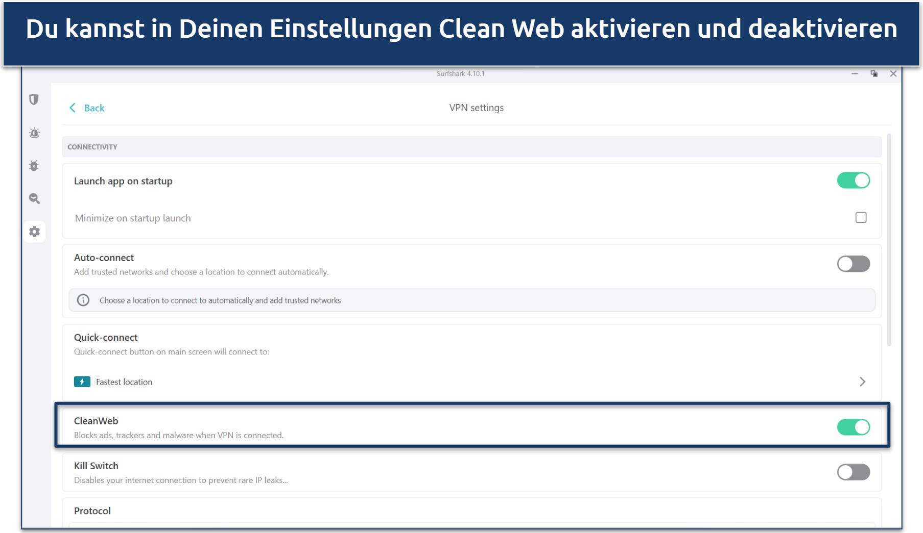 A screenshot of Surfshark's settings showing the CleanWeb ad blocker enabled