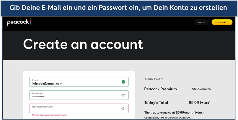 Screenshot of Peacock TV web page showing the create an account page