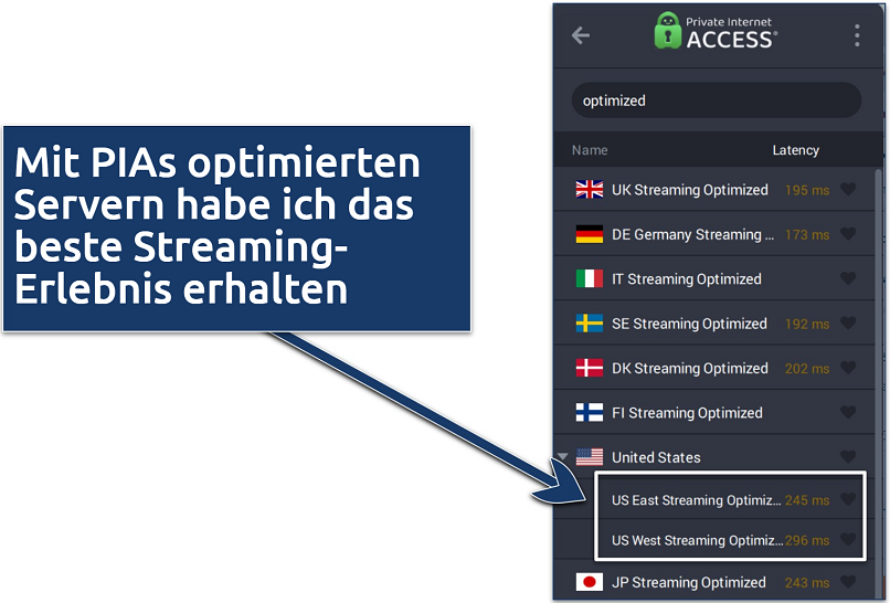 Screenshots of PIA server list showing the servers optimized for streaming