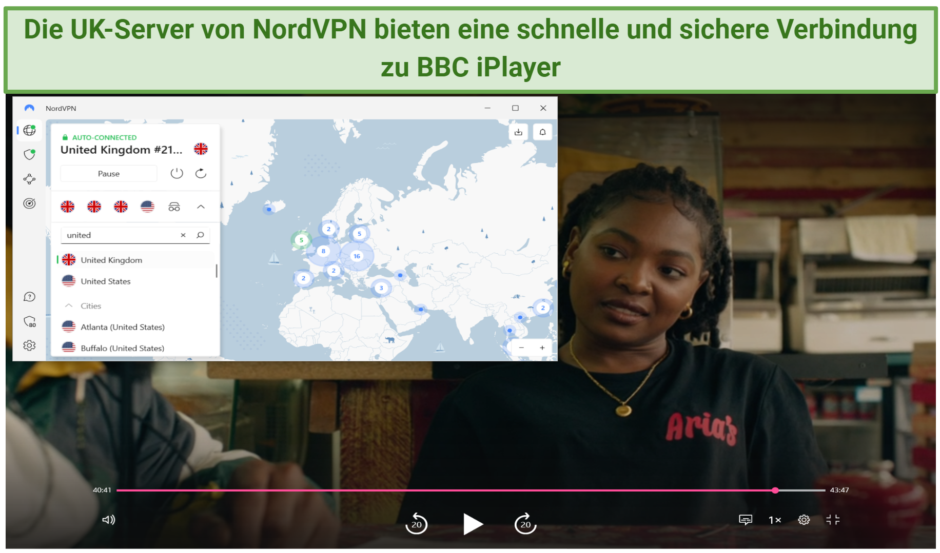 A screenshot showing Champion playing on BBC iPlayer while connected to one of NordVPN's UK servers