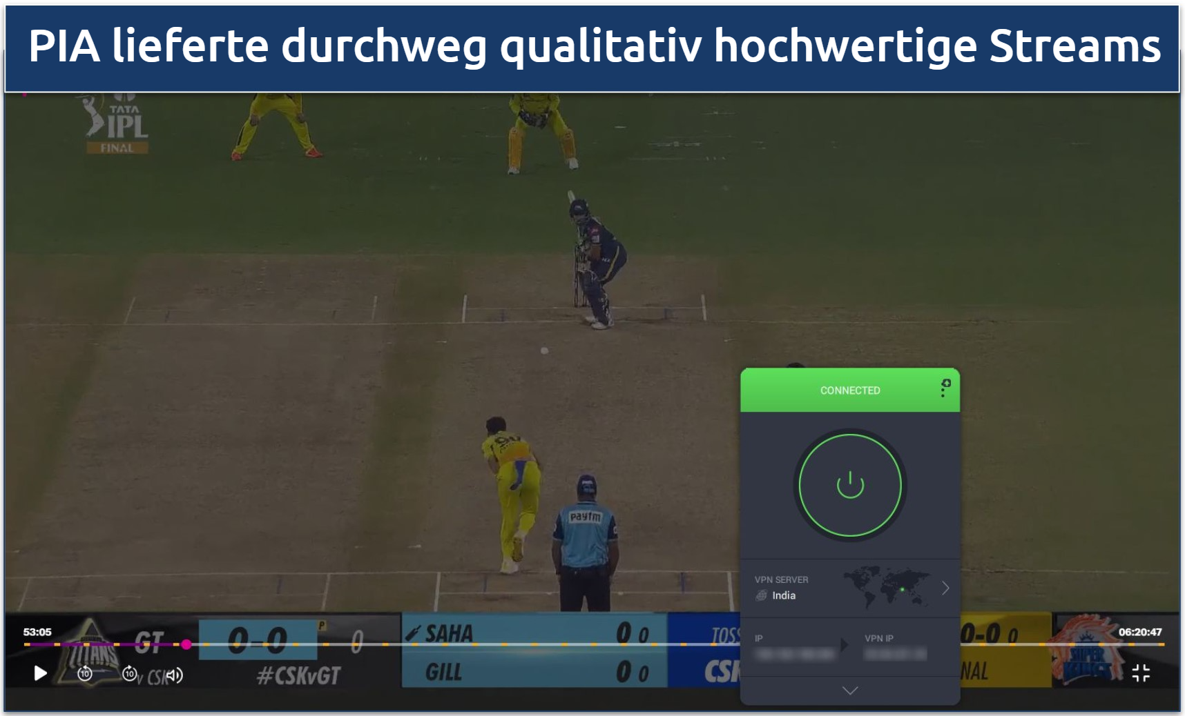 Screenshot of the IPL playing on JioCinema with PIA connected to the India server