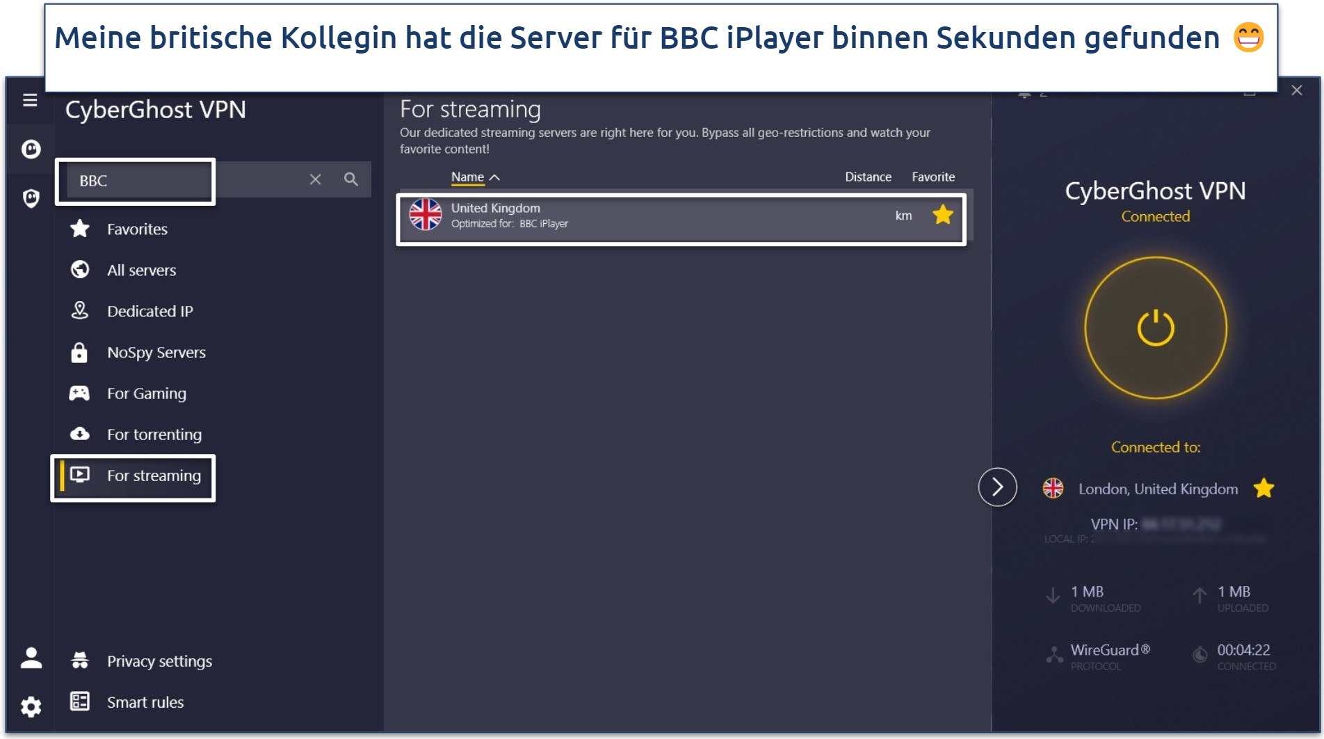 A screenshot of CyberGhost's Windows app while connected to its UK BBC iPlayer server.