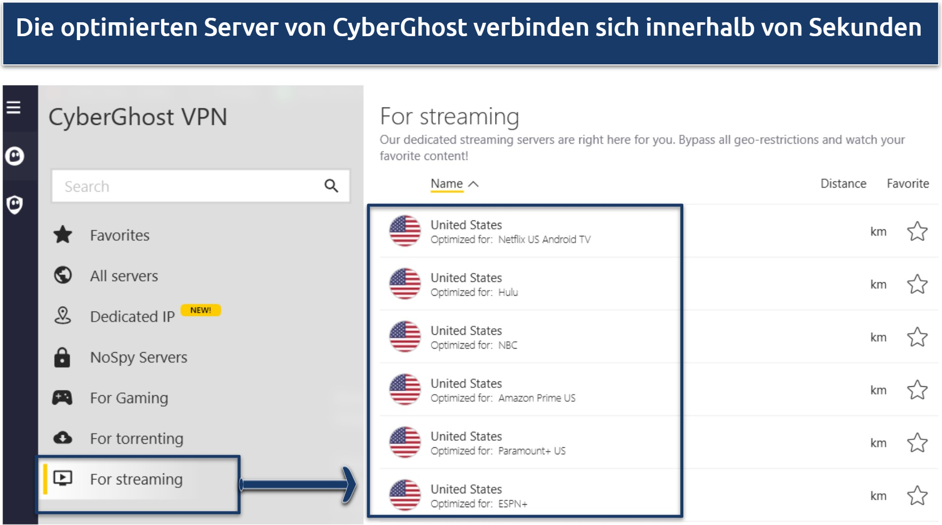 A screenshot showing CyberGhost offers specialized servers for streaming