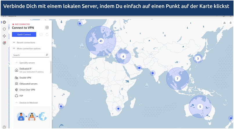 A screenshot showing NordVPN's user-friendly interface that features an intuitive map for easy server selection