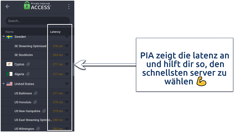 a screenshot showing private internet access (pia) makes it a breeze to choose a server for streaming with low latency.